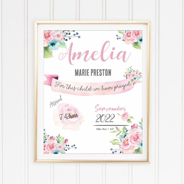 Floral Baby Girl Watercolor Birth Statistics Pink  Poster (Creator Uploaded)
