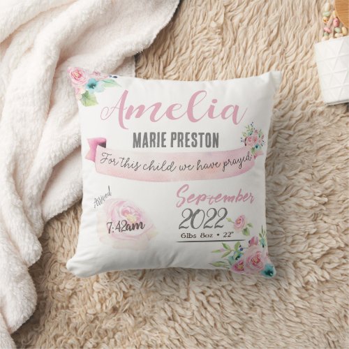 Floral Baby Girl Watercolor Birth Statistics Pink Throw Pillow