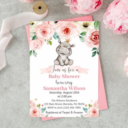 Floral Baby Hippo Princess Baby Shower Invitation