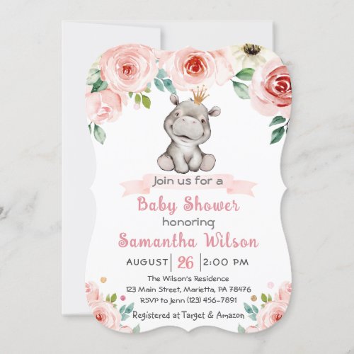 Floral Baby Hippo Princess Baby Shower Invitation