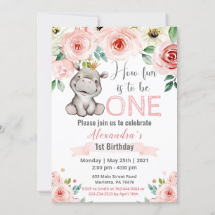 Floral Baby Hippo Princess Birthday Party Invitation