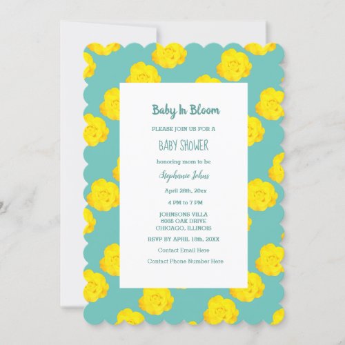 Floral Baby In Bloom Baby Shower Teal Yellow Roses Invitation