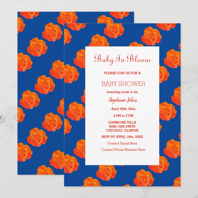  Floral Baby In Bloom Orange Navy Blue Baby Shower Invitation (Front/Back)