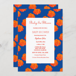 Floral Baby In Bloom Orange Navy Blue Baby Shower Invitation