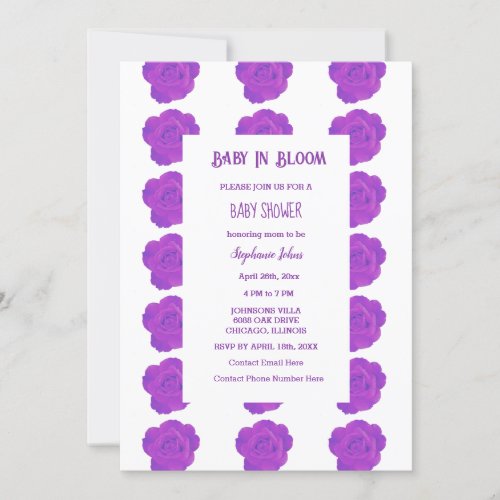 Floral Baby In Bloom Purple Rose Baby Shower Girl Invitation