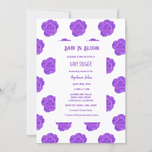 Floral Baby In Bloom Purple Rose Girl Baby Shower Invitation