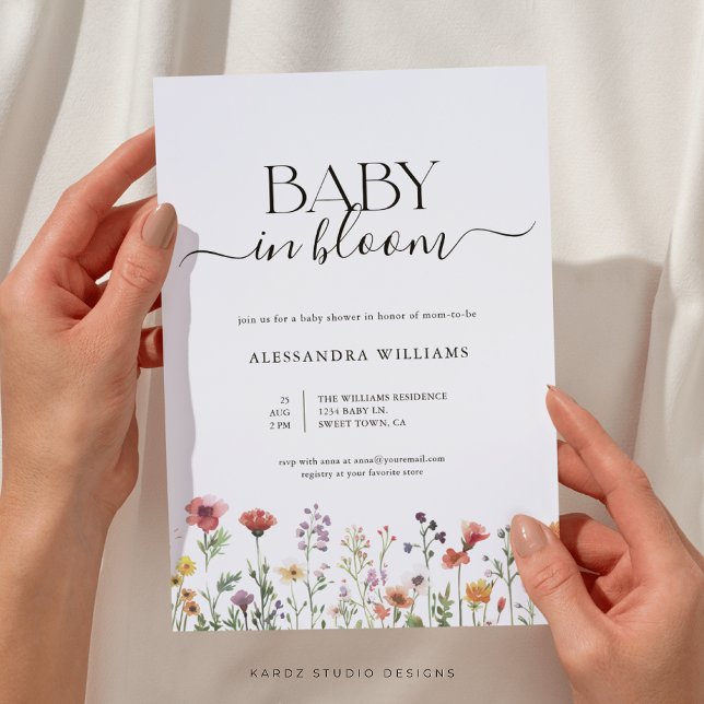 Floral Baby in Bloom Wildflower Baby Shower Invitation (This wildflower baby shower invitation is shown in size 5 x 7 in. Other sizes or digital available.)