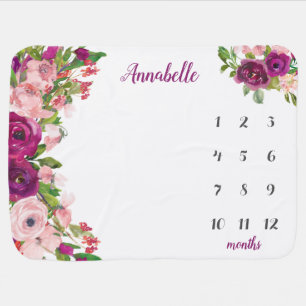 Floral Baby Milestone Purple Pink Blush Rose Photo Blanket