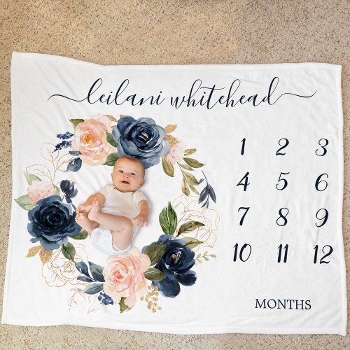Floral Baby Month Milestone Blush Navy Baby Fleece Blanket