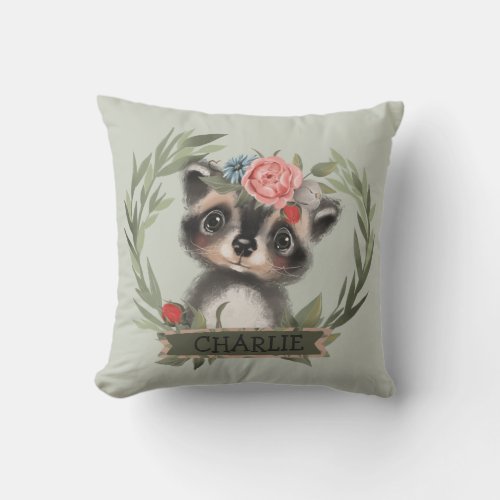 Floral Baby Racoon  Throw Pillow