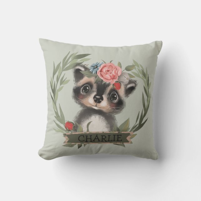 Floral Baby Racoon  Throw Pillow (Front)
