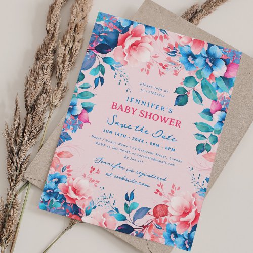 Floral Baby Shower Blue Pink Save Date Blush Invitation