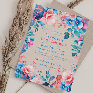 Floral Baby Shower Blue Pink Save Date Champagne Invitation