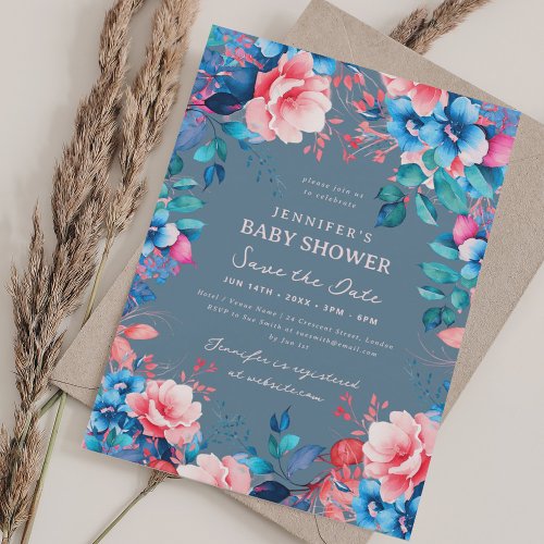 Floral Baby Shower Blue Pink Save Date Dusty Blue Invitation