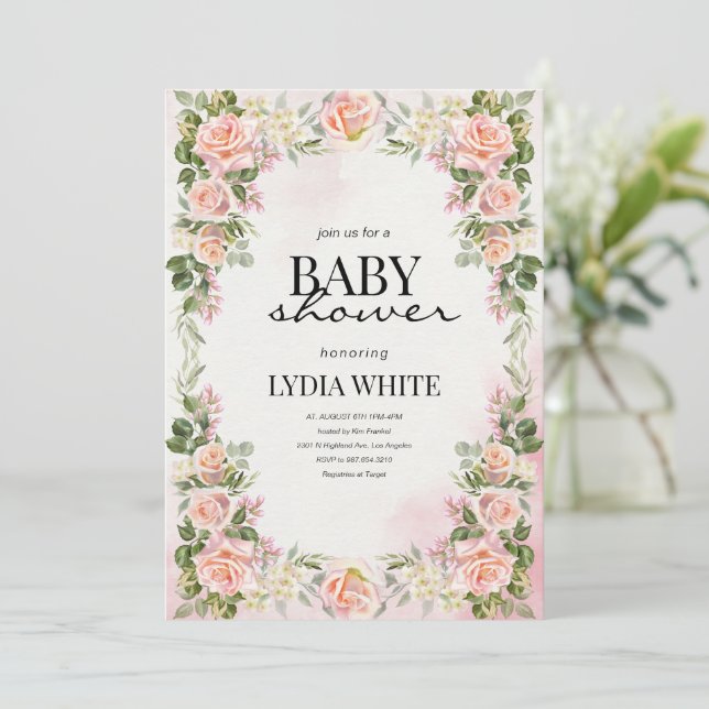 Floral Baby Shower Blush Pink girl Baby shower Invitation (Standing Front)