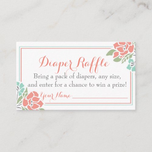 Floral Baby Shower Diaper Raffle Ticket Coral Teal Enclosure Card
