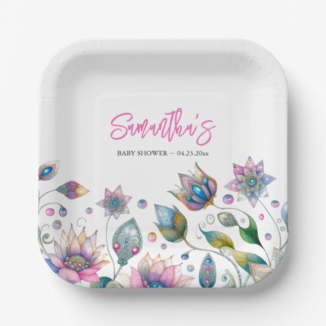 Floral Baby Shower Disposable Paper Plates (Front)