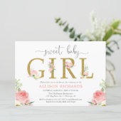 Floral baby shower, elegant blush pink gold girl invitation (Standing Front)