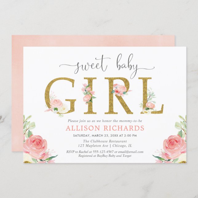 Floral baby shower, elegant blush pink gold girl invitation (Front/Back)