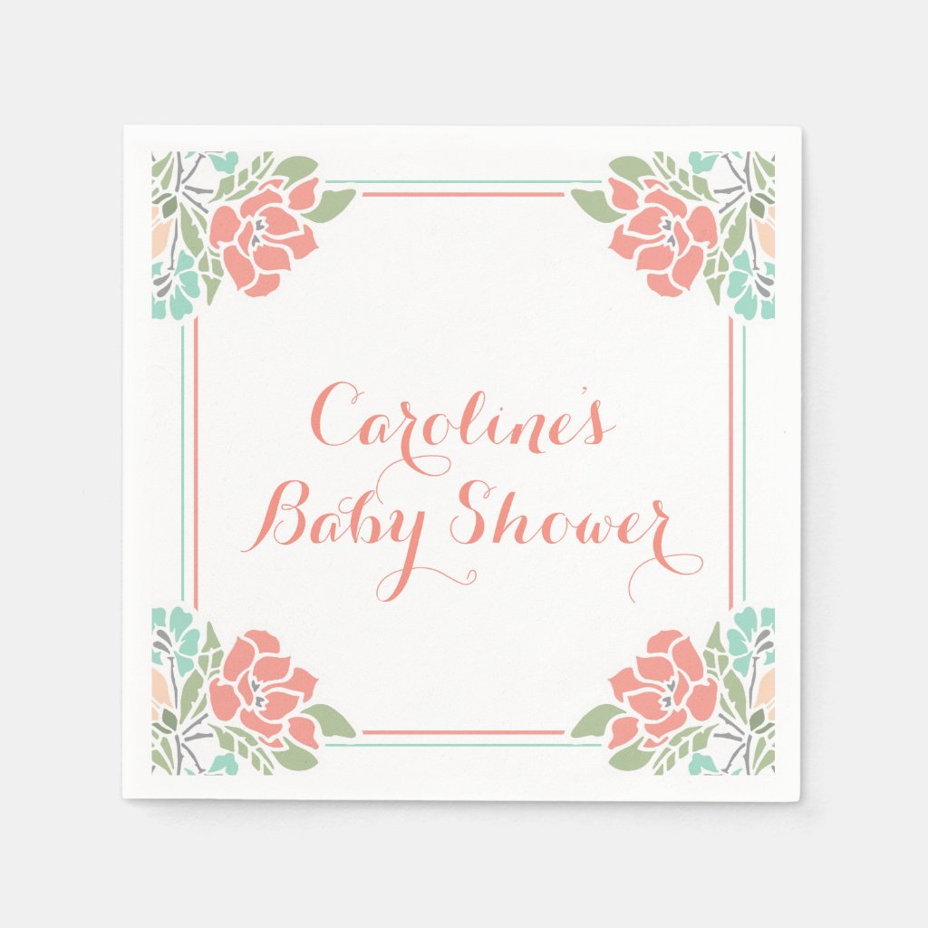 Floral Baby Shower in Coral and Teal Napkin