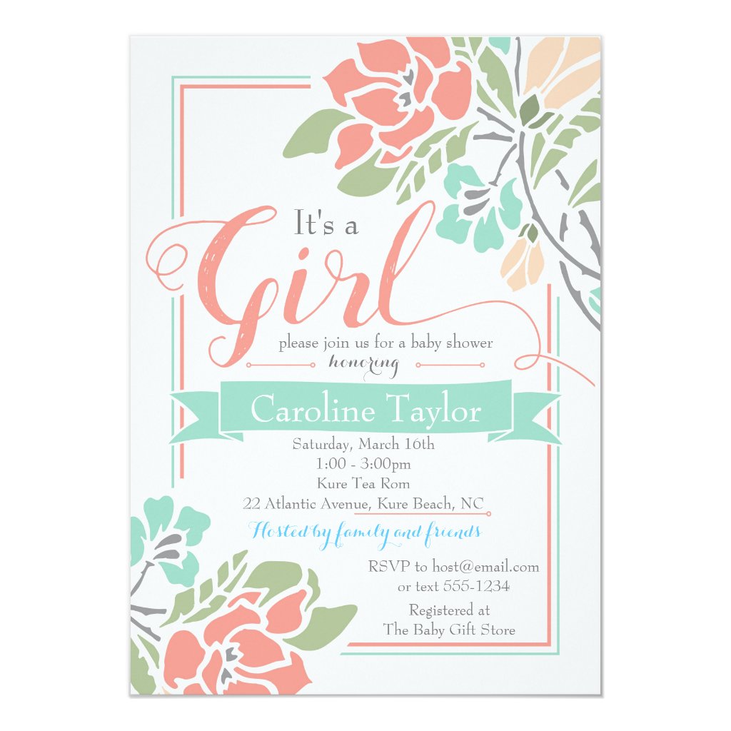 Floral Baby Shower Invitation - Coral and Teal