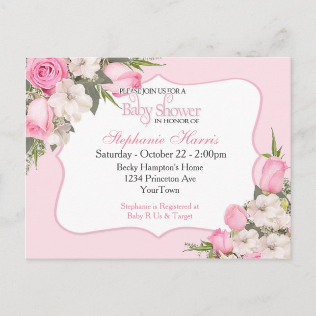 Floral Baby Shower Invitation Postcard Pink Roses (Front)