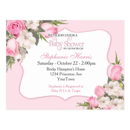 Floral Baby Shower Invitation Postcard Pink Roses