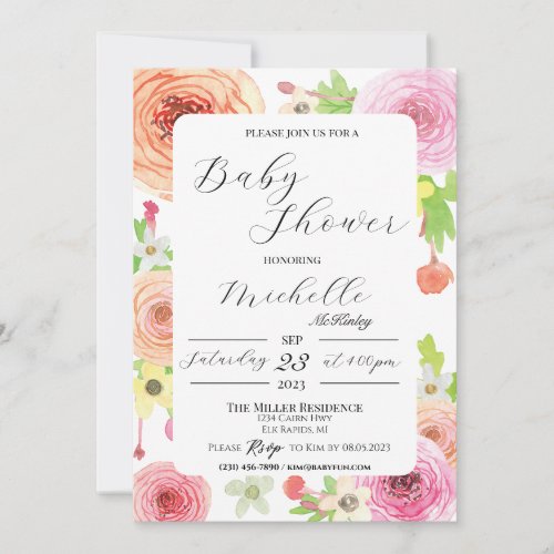 Floral Baby Shower Invitation Watercolor Flowers