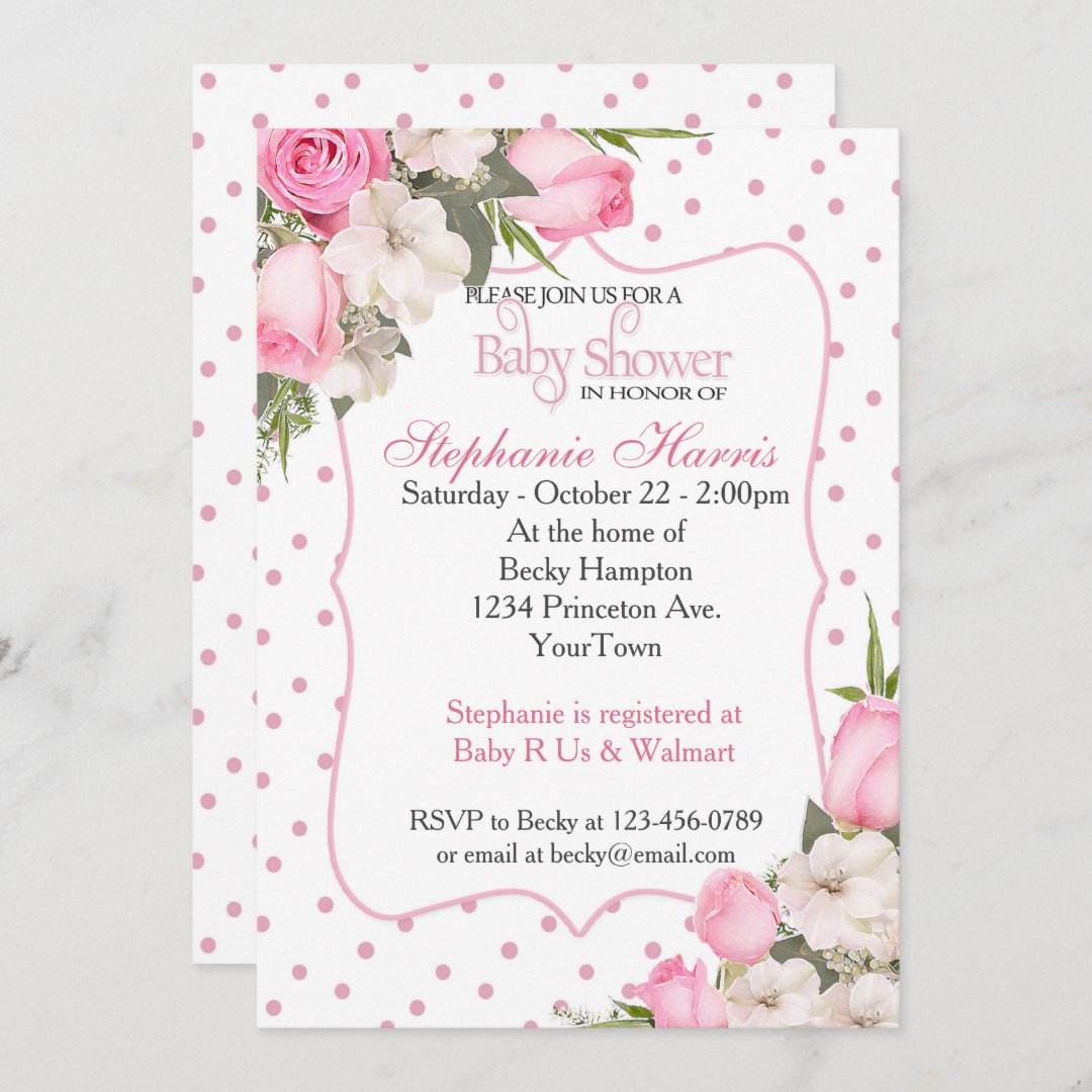 Floral Baby Shower Invitation with Pink Roses | Zazzle