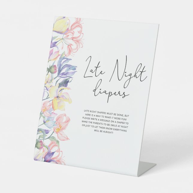 Floral baby shower Late night diapers game Pedestal Sign (Front)