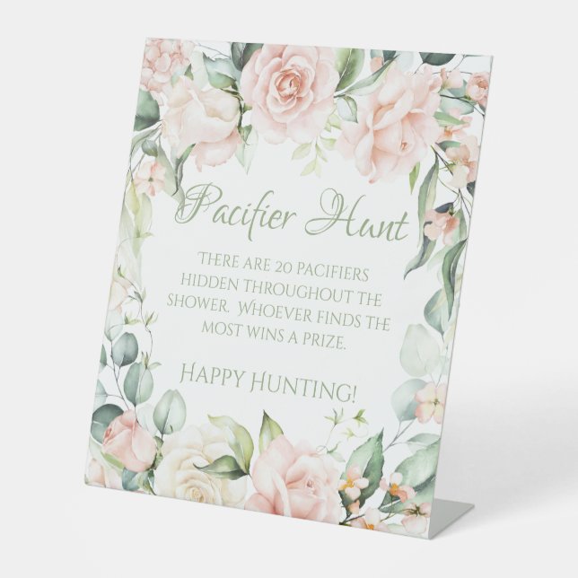 Floral Baby Shower Pacifier Hunt Game Pedestal Sign (Front)