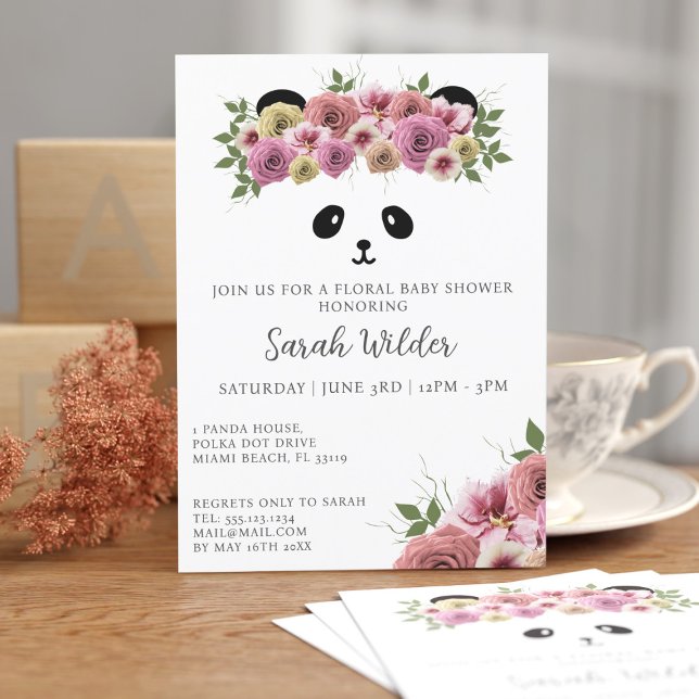 Floral Baby Shower Panda Bear Theme Cute Girl Invitation (A pretty panda baby shower invitation just for you)