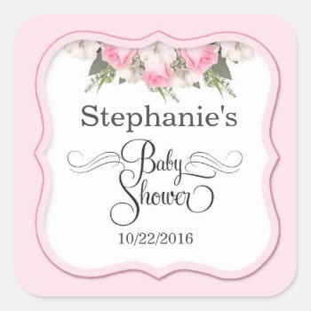 Floral Baby Shower Personalized Sticker Pink Roses by mybabybundles at Zazzle