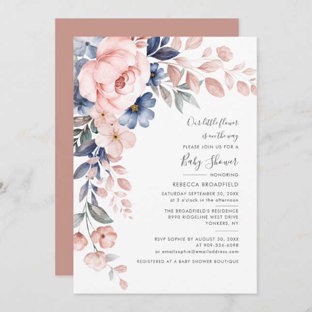 Floral Baby Shower Pink Watercolor Script Greenery Invitation (Front/Back)