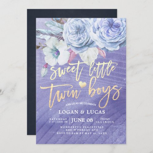 Floral Baby Shower Sweet Little Twin Boy Invitation