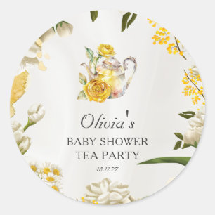 Floral Baby Shower Tea Party Yellow Green Paper Classic Round Sticker