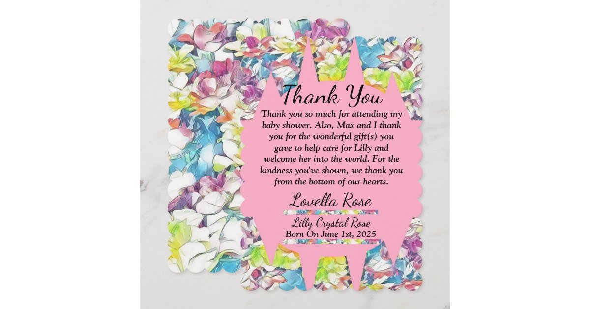 Floral Baby Shower Thank You Card with Pink | Zazzle