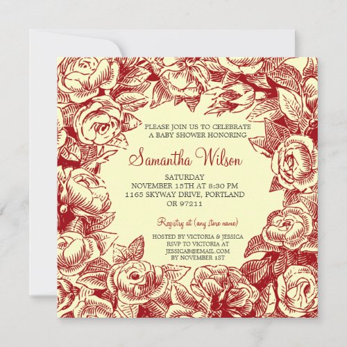 Floral Baby Shower Vintage Roses Red Personalized Invitations