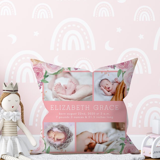 Floral Baby Stats Announcement Personalized Pillow (Creator Uploaded)
