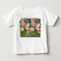 Floral baby top t-shirt Pink Asters & her name