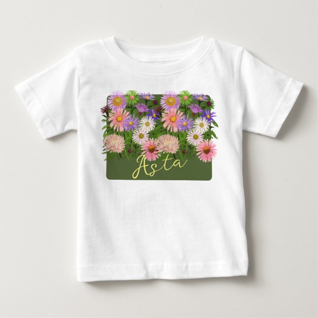 Floral baby top t-shirt Pink Asters & her name (Front)