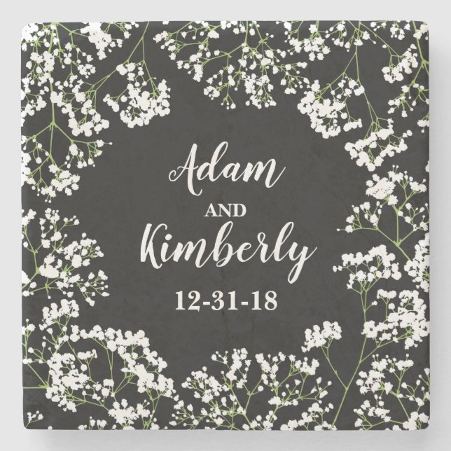 Floral Babys Breath Personalized Wedding Newlywed Stone Coaster (Front)
