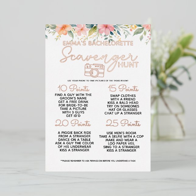 floral Bachelorette Scavenger Hunt Game Bridal Foil Invitation (Standing Front)