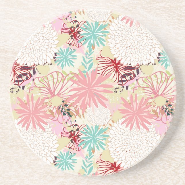 Floral background 4 sandstone coaster (Front)