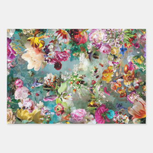 Floral Background Multi Colored Teal Wrapping Paper Sheets
