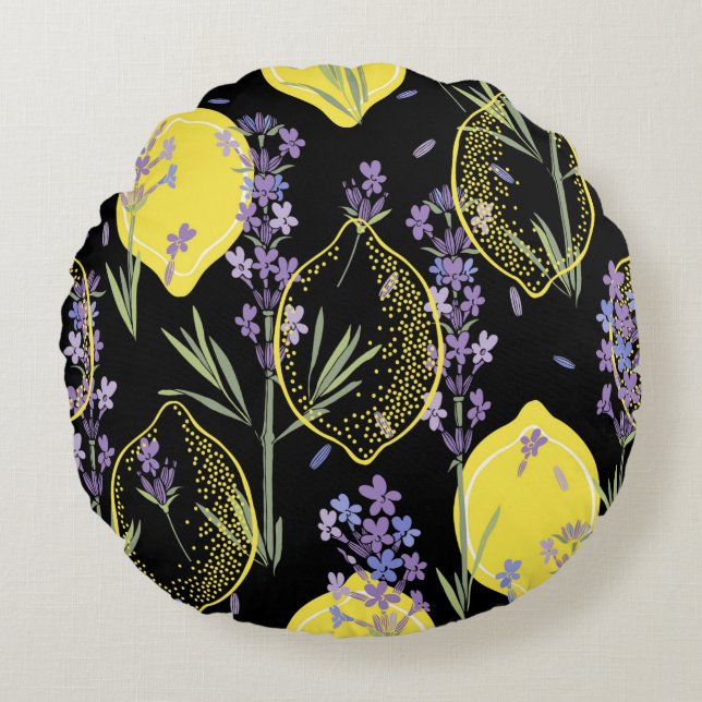 Floral background with hand-drawn lavender flowers round pillow (Front)