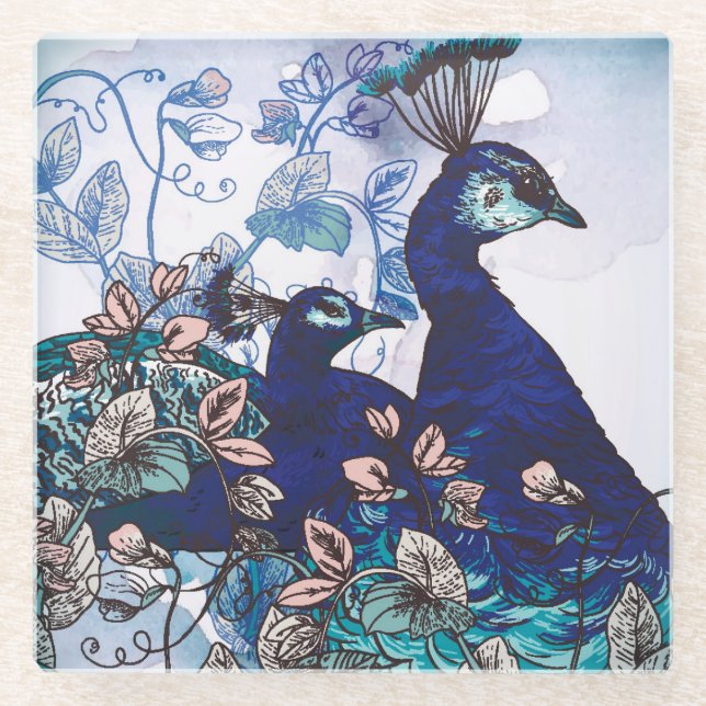 Floral Background with Peacocks Glass Coaster (Front)