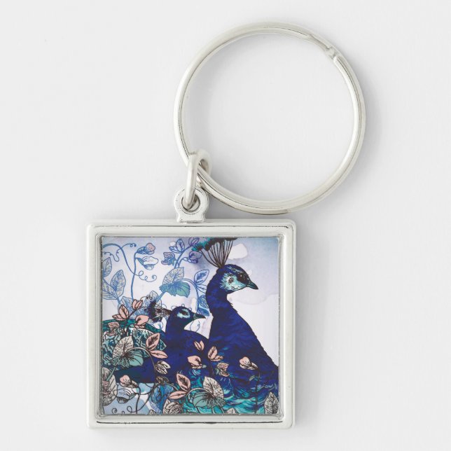 Floral Background with Peacocks Keychain (Front)