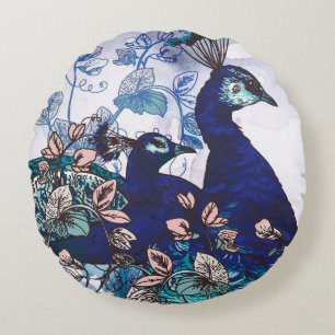 Floral Background with Peacocks Round Pillow