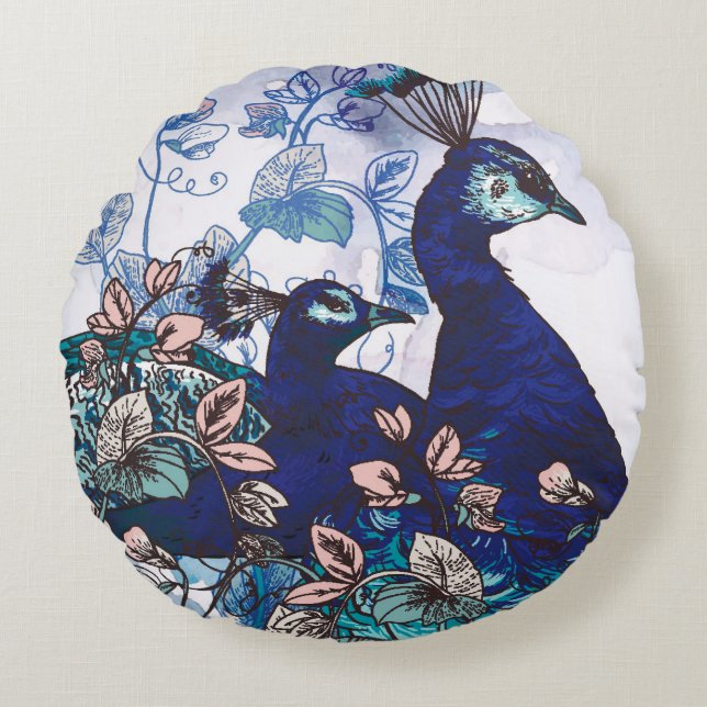 Floral Background with Peacocks Round Pillow (Front)